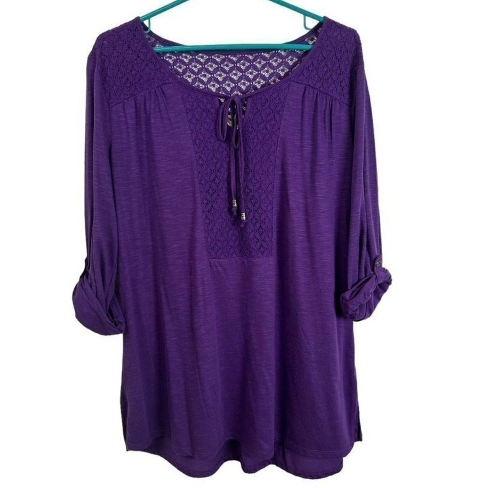 Faded Glory Purple Lace Crochet Tie Front Roll Tab Sleeve Top Blouse 1X 16W